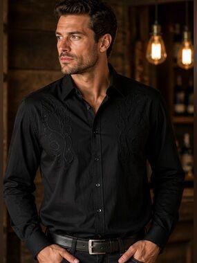 Pronto Uomo Black Embroidered Button Down Shirt Mens L Western Dress Casual
